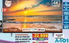 GRUNDİG 55GJU7100 55 İNÇ 139 CM SMART 4K UHD GOOGLE TV AKILLI TELEVİZYON